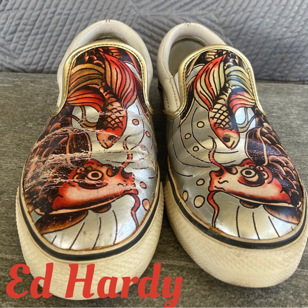 Vintage Ed Hardy Metallic Koi Loafers Slip Ons Womens 7